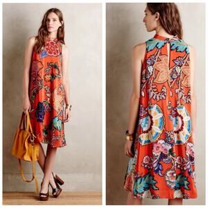 Anthropologie Maeve Larkhill Swing Dress Size XS 100% Silk Red Floral High Neck